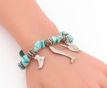 925 Sterling Silver Vintage Bracelet Beaded Turquoise With Etched Charms BT11857