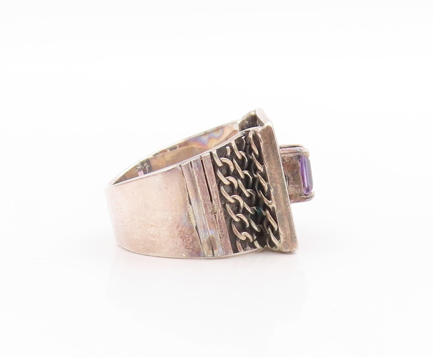925 Sterling Silver Vintage Ring Amethyst Etched Swirly Cut Out  Sz 6  RG33578