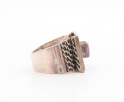 925 Sterling Silver Vintage Ring Amethyst Etched Swirly Cut Out  Sz 6  RG33578