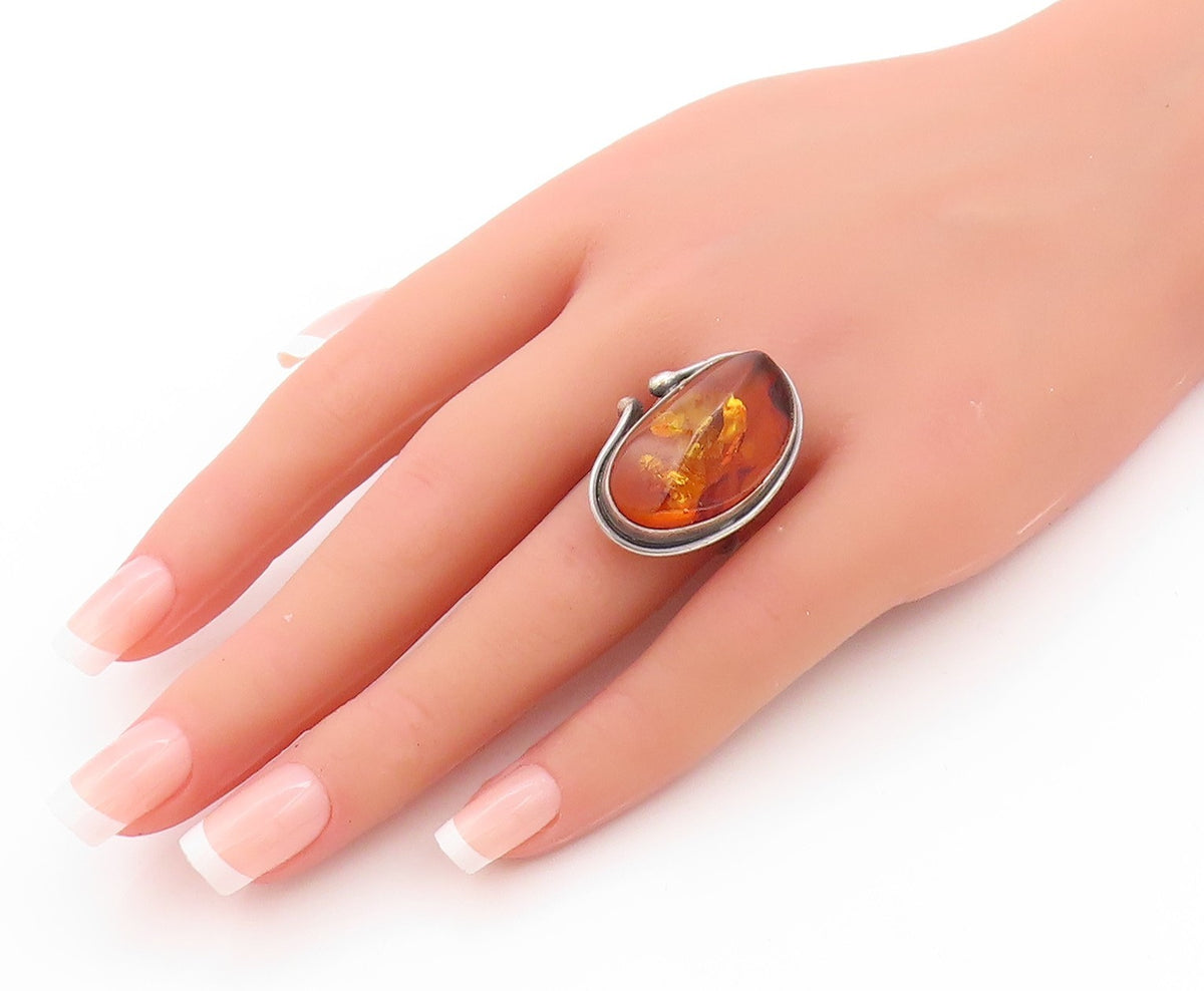 925 Sterling Silver Vintage Ring POLAND Amorphas Large Honey Amber  Sz 8 RG32716
