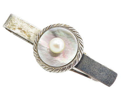 925 Sterling Silver  Vintage Mother Of Pearl & Petite Pearl Tie Clip  TR1548