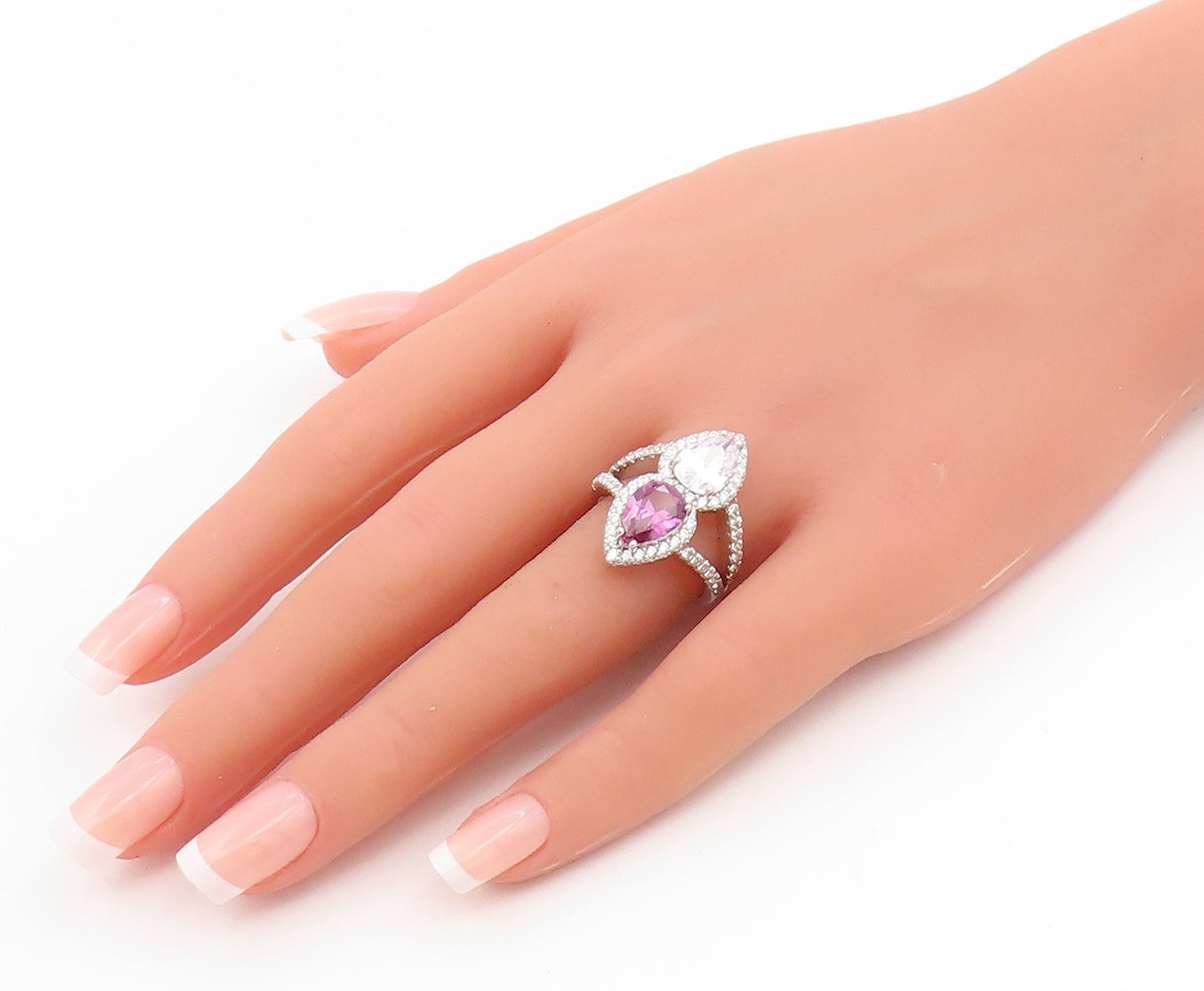 925 Sterling Silver Vintage Ring Elegant Pear Cut Amethyst & CZ  Sz 7  RG35834