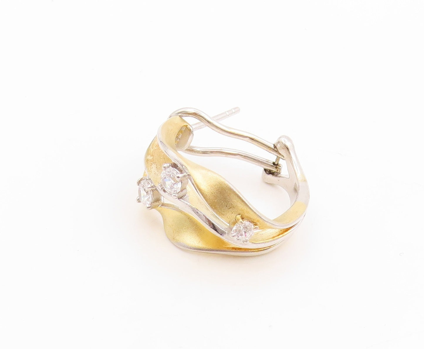 925 Sterling Silver Vintage Earrings Two Tone CZ Modernist Wavy Hoops  EG14040