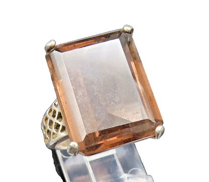 925 Silver Vintage Square Smoky Quartz Open Pattern Band Ring Sz 7.5  RG25394