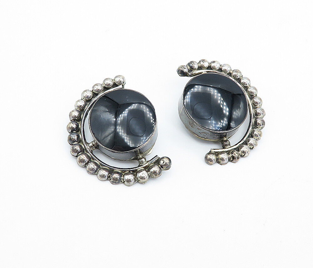 MEXICO 925 Sterling Silver Vintage Black Onyx Non Pierce Earrings EG2173