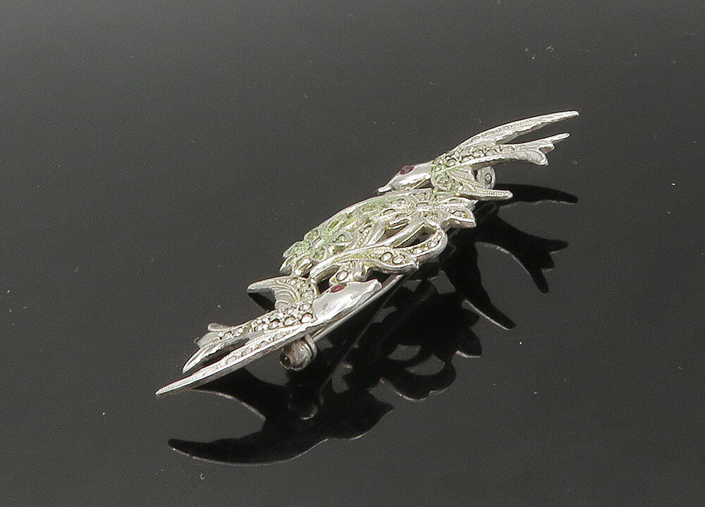 925 Sterling Silver  Vintage Pink Stone Eyes Shiny Birds Brooch Pin  BP8797