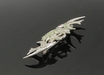 925 Sterling Silver  Vintage Pink Stone Eyes Shiny Birds Brooch Pin  BP8797
