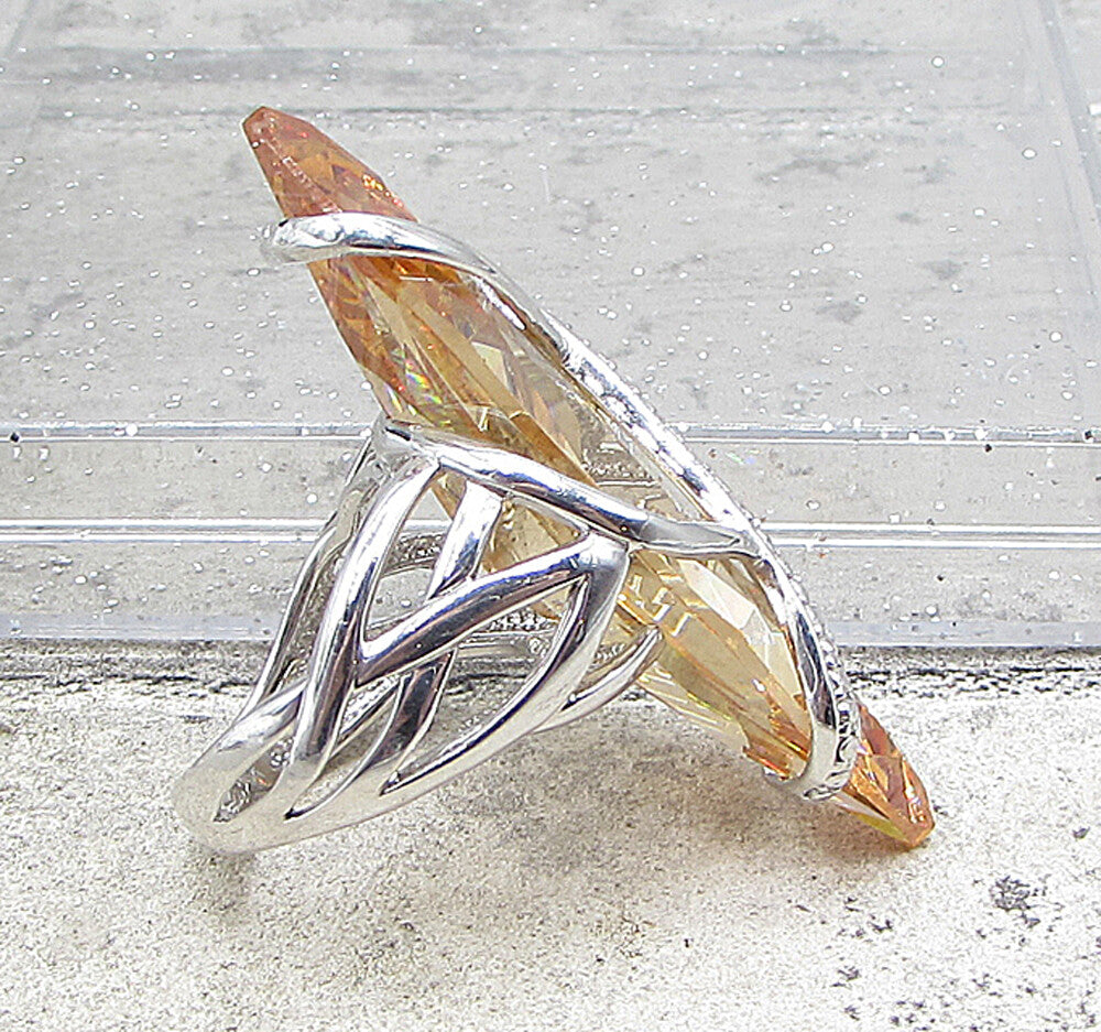 925 Silver  Marquise Cut Faceted Citrine Wrapped Solitaire Ring Sz 7  RG1594
