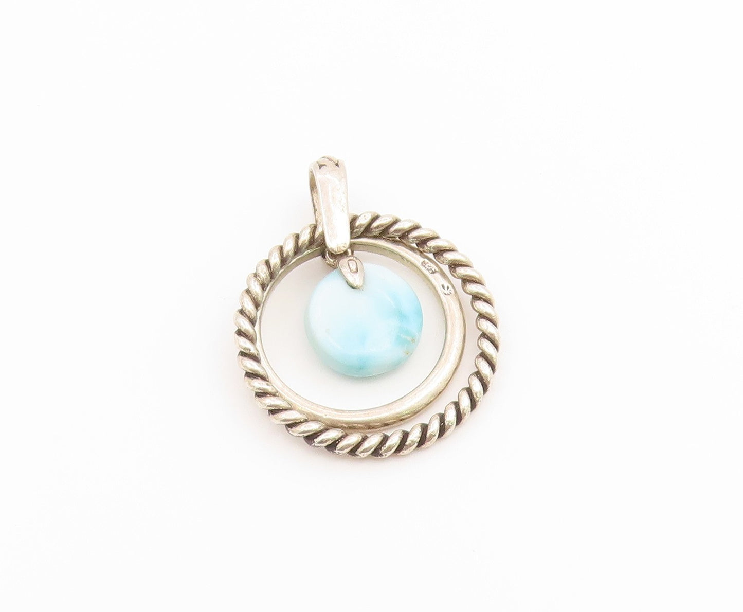 925 Sterling Silver Vintage Pendant Classic Larimar Twisted Rope Circle  PT26557