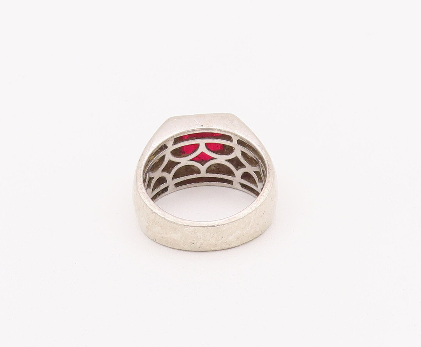 925 Sterling Silver Vintage Ring Grooved Square Red White Topaz Sz 11.5  RG28025