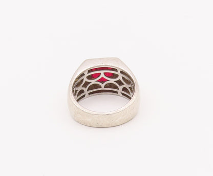 925 Sterling Silver Vintage Ring Grooved Square Red White Topaz Sz 11.5  RG28025
