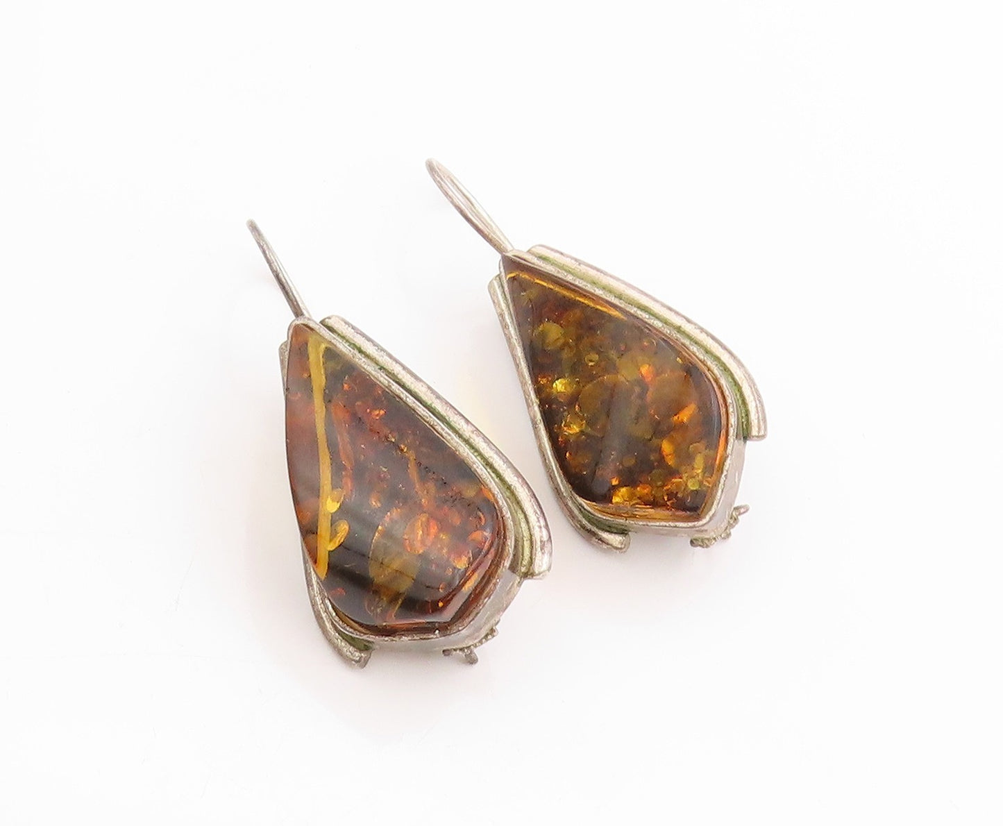 925 Sterling Silver Vintage Earrings POLAND Honey Amber Tear Drop Design EG13663