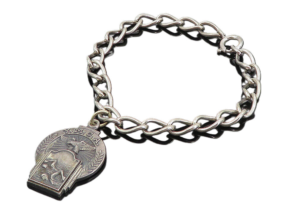 925 Sterling Silver  Vintage Oxidized YMCA Swim Charm Chain Bracelet  BT3778