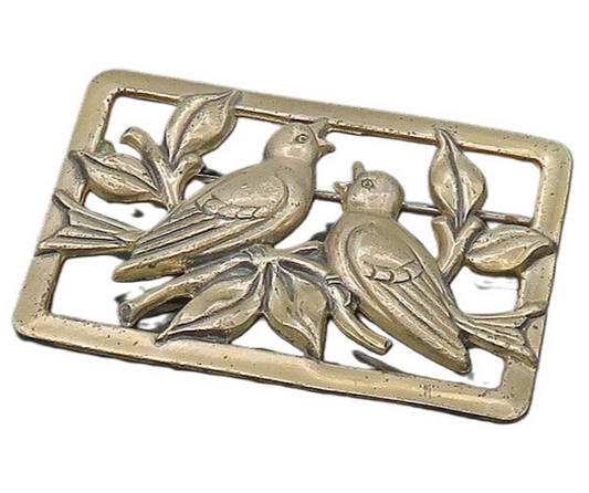 CORO 925 Sterling Silver  Vintage Love Birds Floral Scene Brooch Pin  BP8435