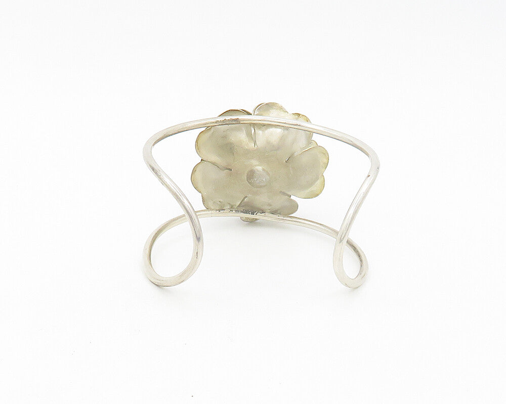 DESIGNER 925 Silver  Vintage Sculpted Flower Motif Shiny Cuff Bracelet  BT7815