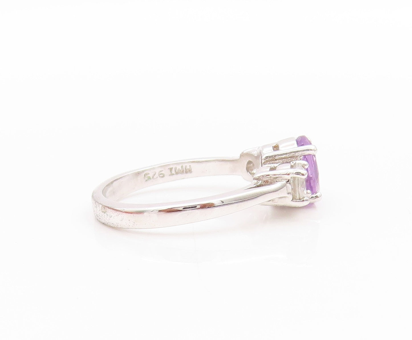 925 Sterling Silver Vintage Ring Amethyst & CZ Three Stone Band  Sz 6  RG33577