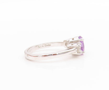 925 Sterling Silver Vintage Ring Amethyst & CZ Three Stone Band  Sz 6  RG33577