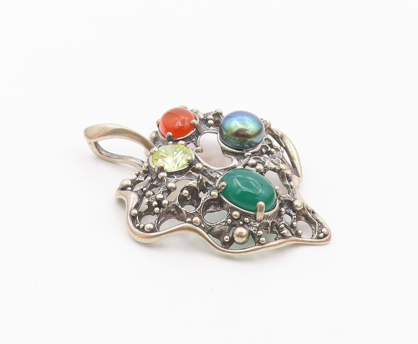 925 Sterling Silver  Vintage Pearl Carnelian Agate & Peridot Pendant  PT7828