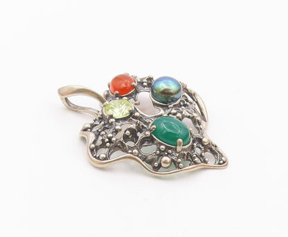 925 Sterling Silver  Vintage Pearl Carnelian Agate & Peridot Pendant  PT7828