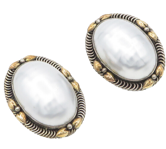 925 Sterling Silver & 12K GOLD  Vintage Pearl Dome Non Pierce Earrings  EG9268