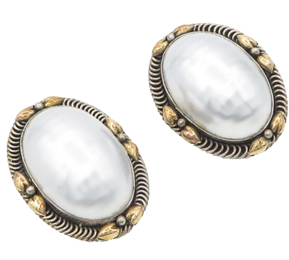 925 Sterling Silver & 12K GOLD  Vintage Pearl Dome Non Pierce Earrings  EG9268