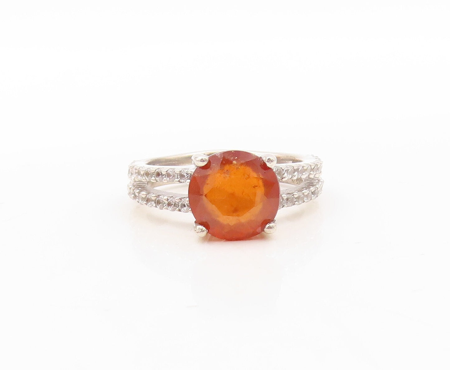 925 Sterling Silver Vintage Ring Round Cut Brown Gemstone & CZ  Sz 7  RG30899