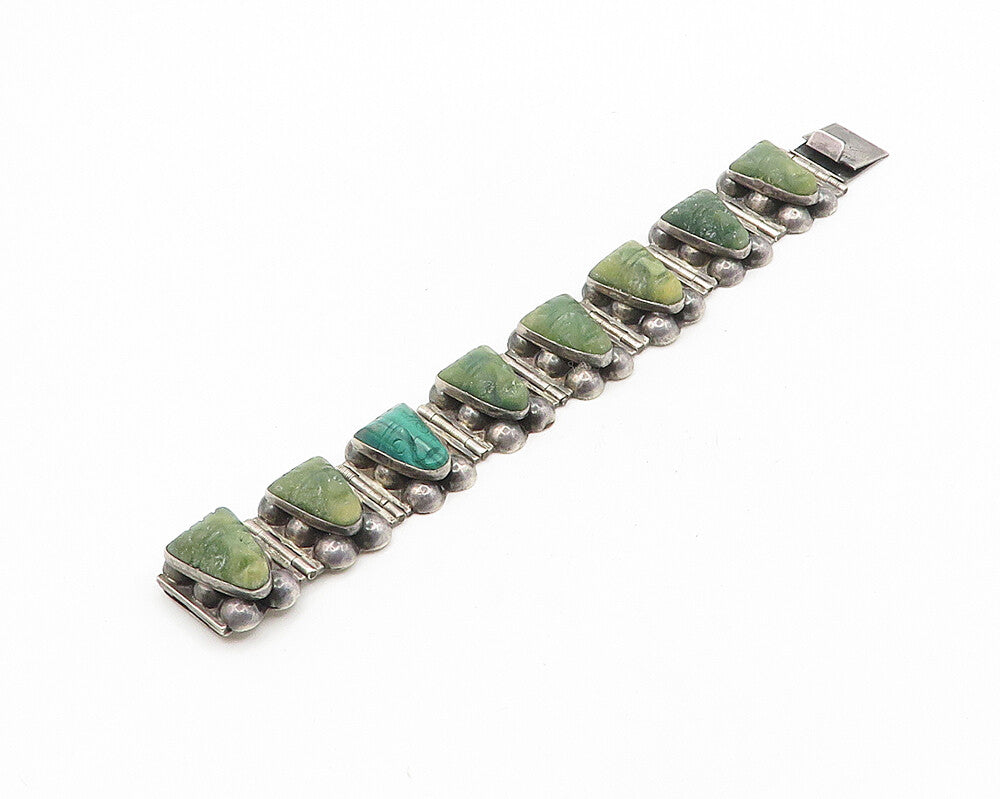 P.Y. MEXICO 925 Sterling Silver Vintage Face Carved Jade Chain Bracelet BT7240