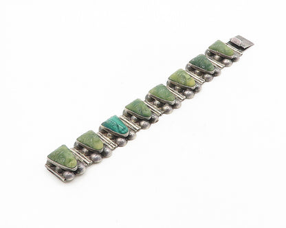 P.Y. MEXICO 925 Sterling Silver Vintage Face Carved Jade Chain Bracelet BT7240