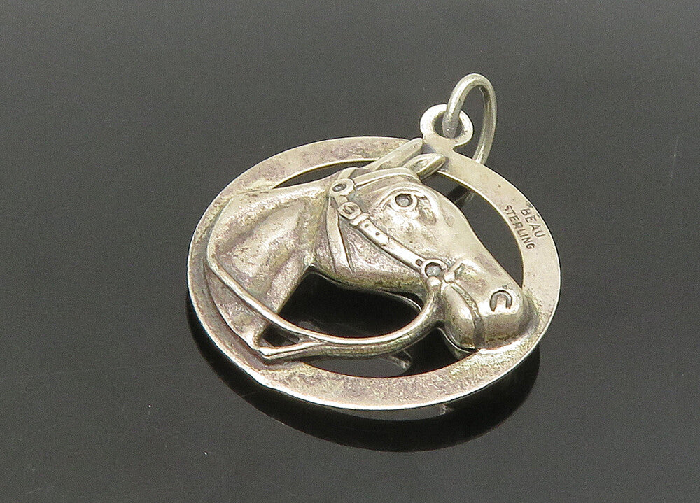 BEAU 925 Sterling Silver  Vintage Antique Horse's Head Round Pendant  PT17118