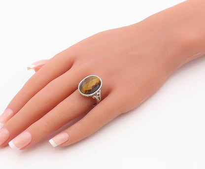 925 Sterling Silver Vintage Ring Faceted Tiger's Eye & Citrine  Sz 9  RG36361