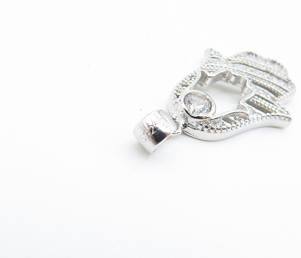 925 Sterling Silver  Sparkling Topaz Polished Cutout Hamsa Pendant  PT5586