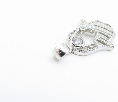 925 Sterling Silver  Sparkling Topaz Polished Cutout Hamsa Pendant  PT5586