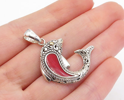 925 Sterling Silver & 18K GOLD  Red Coral Shiny Dolphin Motif Pendant  PT5840
