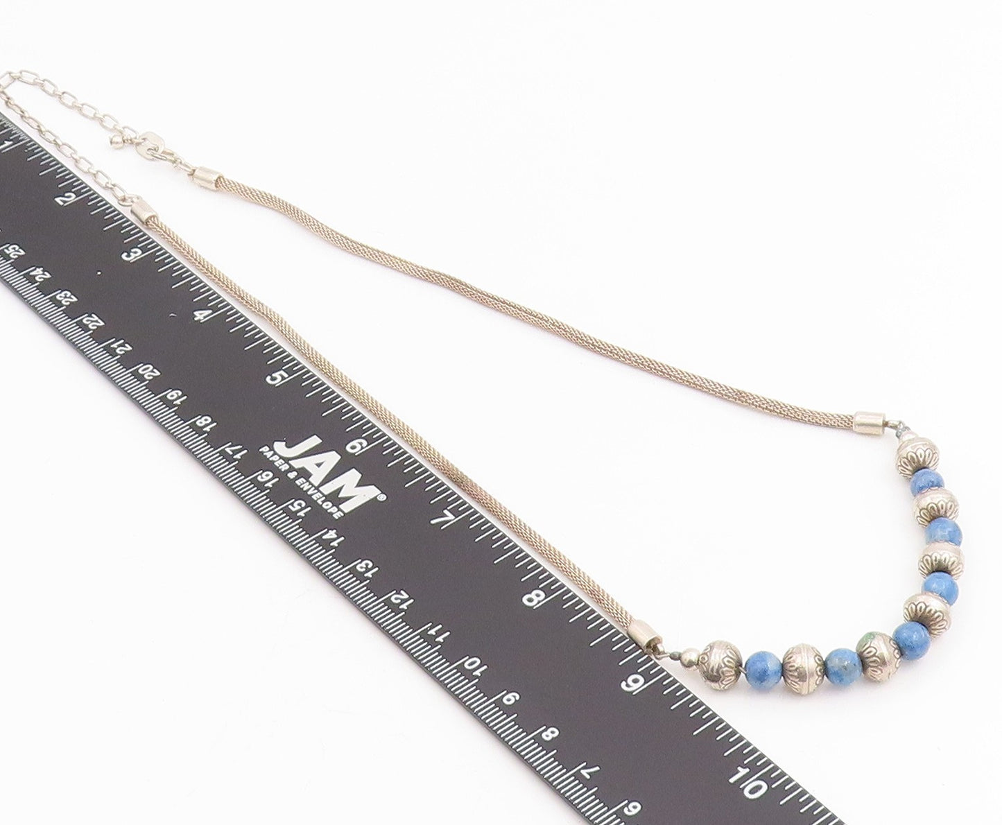 925 Sterling Silver Vintage Necklace Elegant Lapis Lazuli Beaded Choker  NE4771