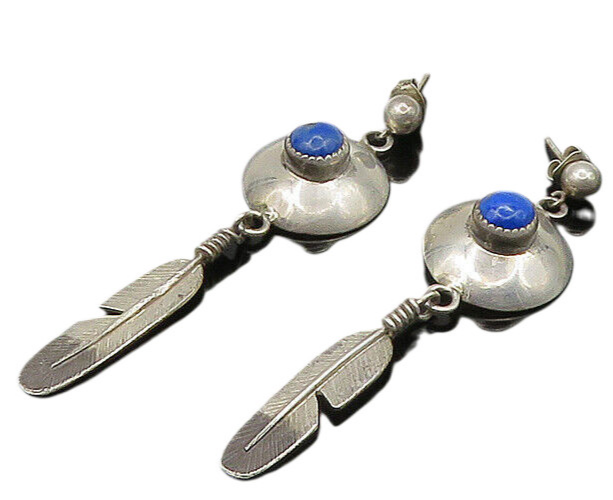 NAVAJO 925 Silver  Vintage Lapis Lazuli Feather Dangle Earrings  EG11215