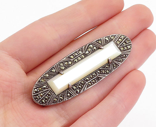 925 Sterling Silver  Vintage Mother Of Pearl & Marcasite Brooch Pin  BP1934