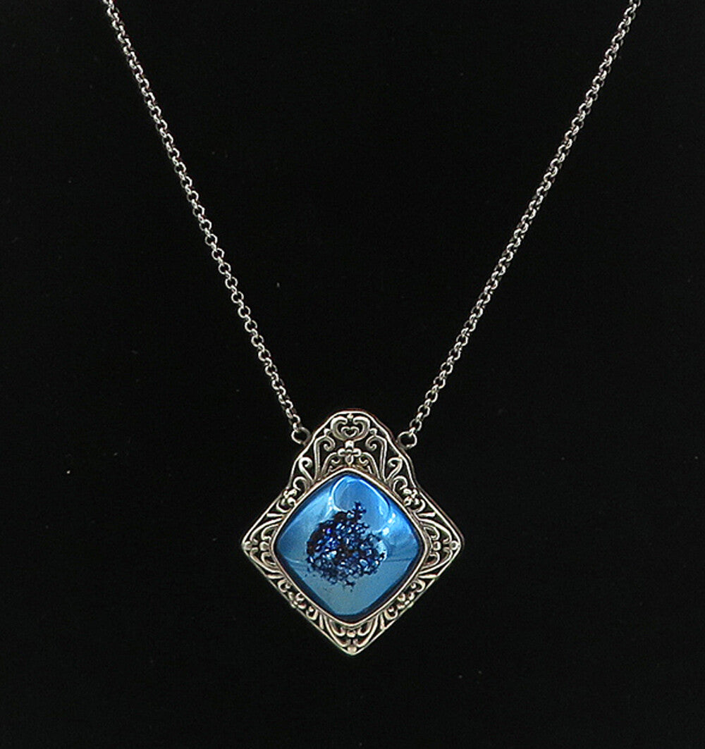 BERIA 925 Silver  Vintage Blue Druzy Stone Floral Swirl Chain Necklace  NE1324