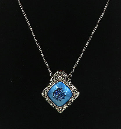 BERIA 925 Silver  Vintage Blue Druzy Stone Floral Swirl Chain Necklace  NE1324