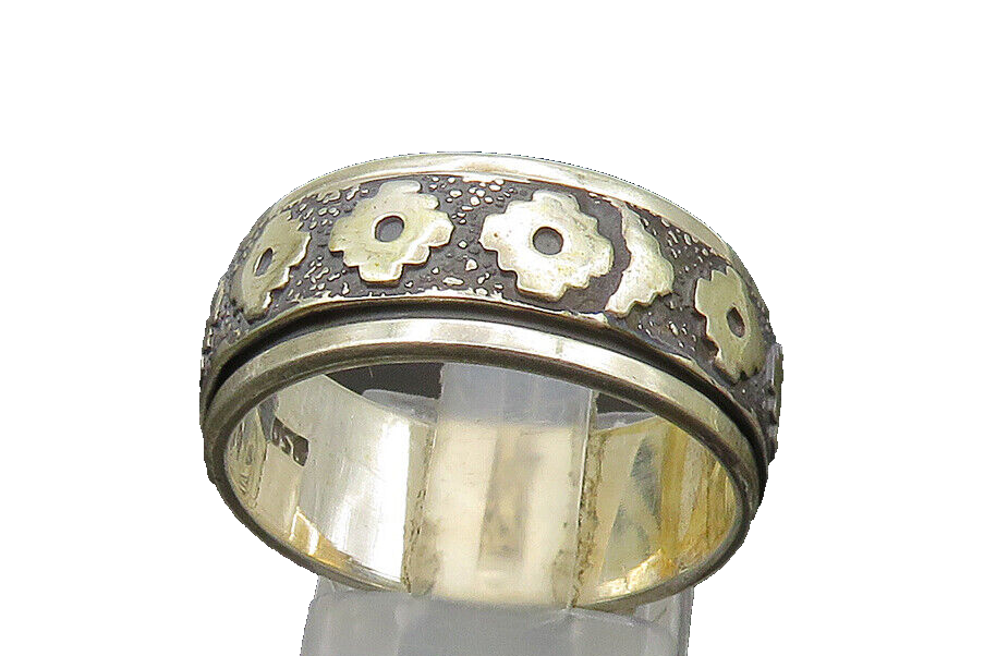 925 Sterling Silver  Vintage Two Tone Patterned Spinner Ring Sz 10  RG23259