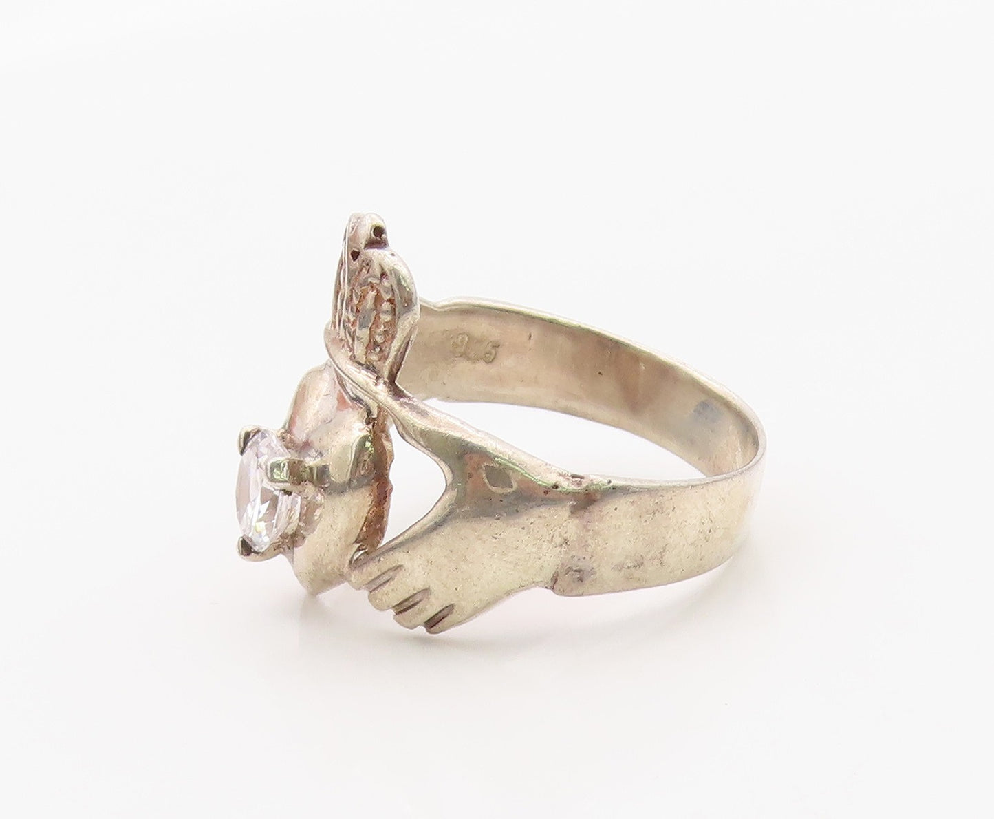 925 Sterling Silver Vintage Ring Classic CZ Claddagh Symbol Band  Sz 11  RG36401