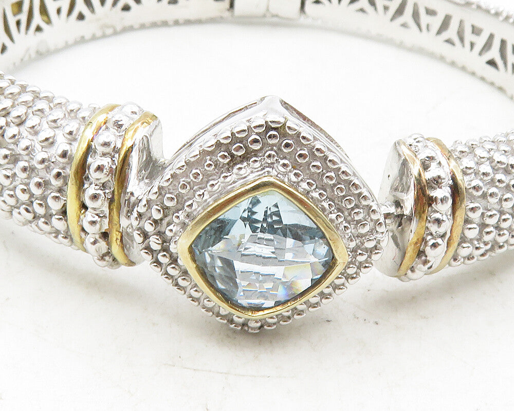 925 Sterling Silver  Blue Topaz Shiny Two Tone Spiked Bangle Bracelet  BT4270