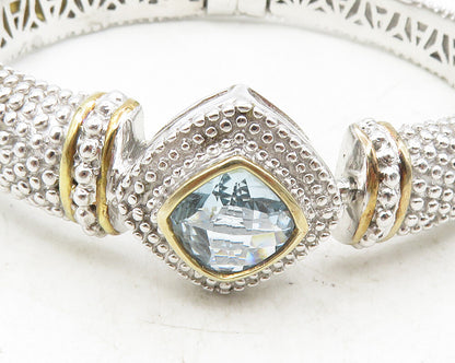 925 Sterling Silver  Blue Topaz Shiny Two Tone Spiked Bangle Bracelet  BT4270