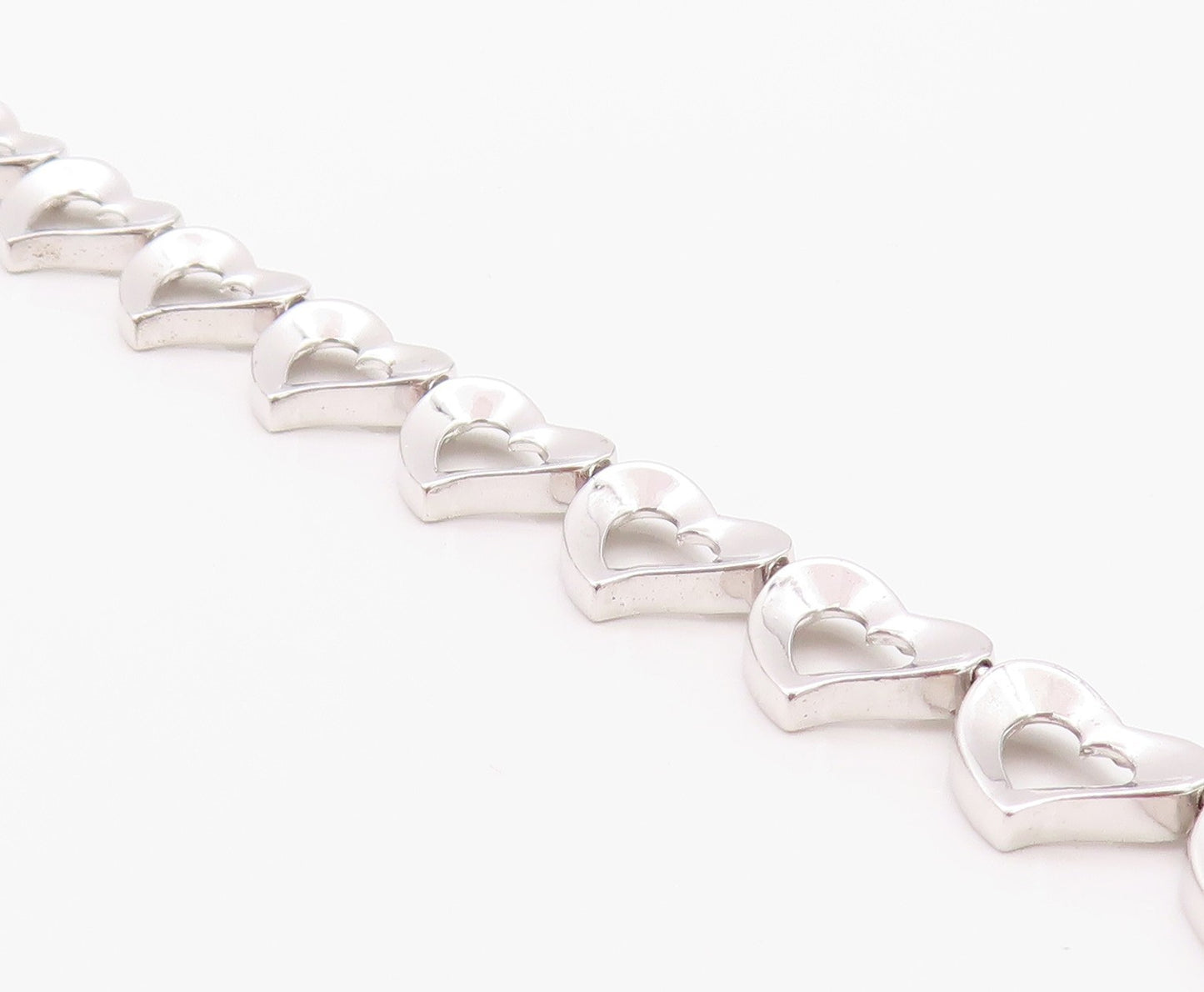 925 Sterling Silver Vintage Bracelet Linked Cutout Hearts Toggle Lock  BT11273