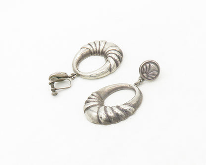 AHS MEXICO 925 Silver  Vintage Fluted Hollow Non Pierce Dangle Earrings EG9640