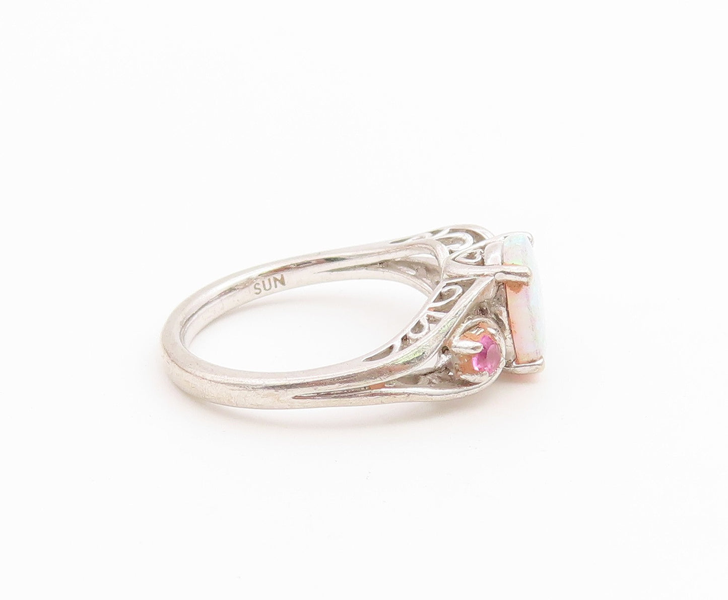 925 Sterling Silver Vintage Ring Oval Fire Opal & Pink Topaz Band  Sz 7  RG36667