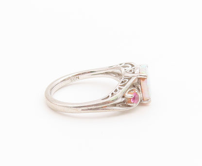 925 Sterling Silver Vintage Ring Oval Fire Opal & Pink Topaz Band  Sz 7  RG36667