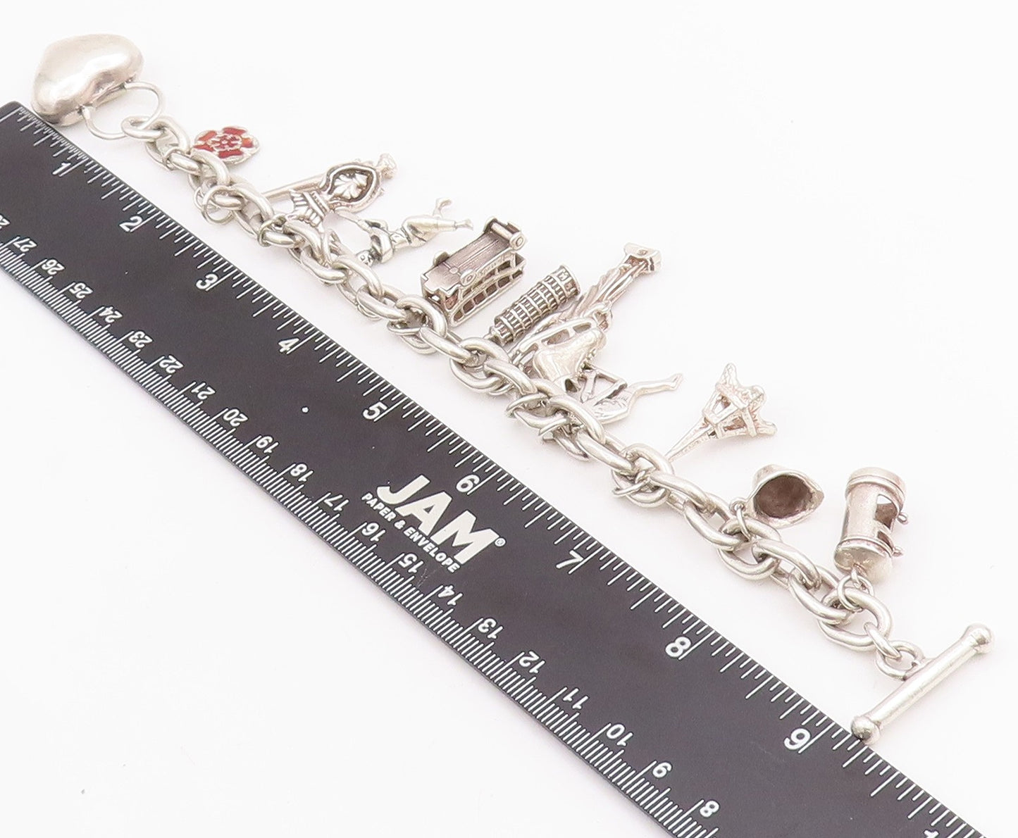925 Sterling Silver Vintage Bracelet Heavy Dangling Charm Large Heart  BT10605