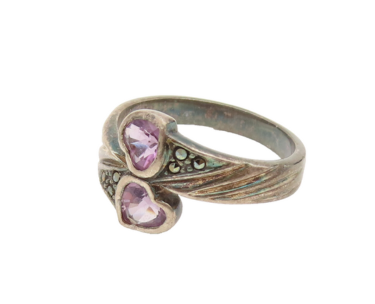 925 Silver  Vintage Heart Shaped Amethyst & Marcasite Bypass Ring Sz 8 RG26387
