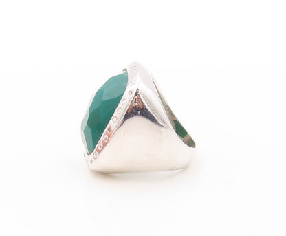 925 Sterling Silver Vintage Ring Rectangle Green Onyx & CZ Frame Sz 7.5  RG30918