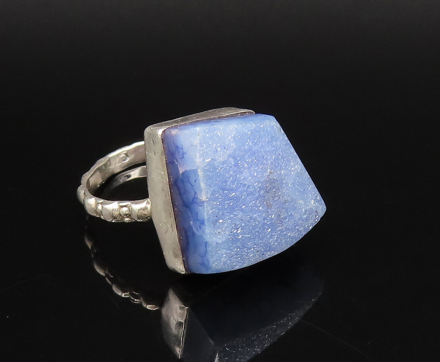 925 Silver  Vintage Cabochon Drusy Quartz & Pattern Band Ring Sz 8  RG26101